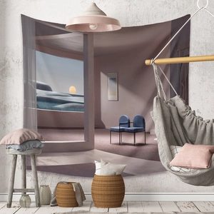 Detail of surreal desert sunset tapestry hanging in a minimalist living room