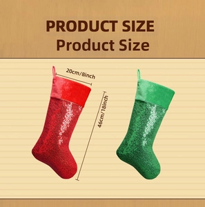 Size chart for large sequined Christmas stockings measuring 46cm in length and 20cm width