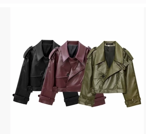 Detailed comparison of vintage lapel PU jackets in black, burgundy, and olive green