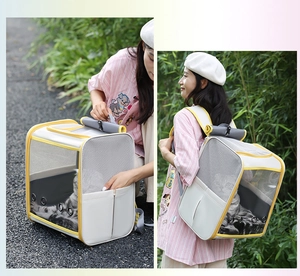 Vue détaillée du sac à dos respirant pour chat avec fenêtres en filet et chat à l'intérieur
