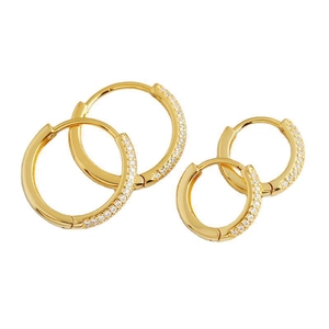 Two pairs of S925 sterling silver gold hoop earrings with sparkling zircon inlay stones