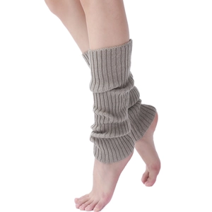 Taupe knitted leg warmers for women featuring a ribbed pattern for a cozy autumn look