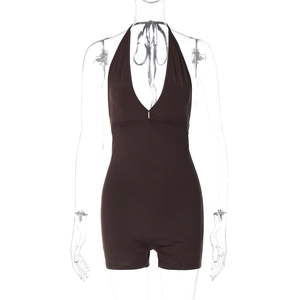 Detail of dark brown halter neck romper with sexy deep V-neck and ruched texture design