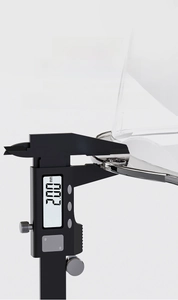 Detail showing the 2.00mm thickened edge of the transparent plastic washbasin with calipers