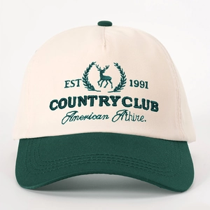 Retro color-block baseball cap in cream and green with elk club embroidery and adjustable fit