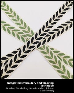 Detail of machine-embroidered strap with olive leaf patterns and durable gold threads