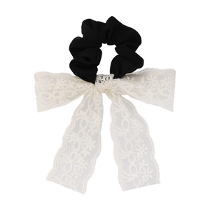French vintage white lace bow hair scrunchie with long ribbons on white background
