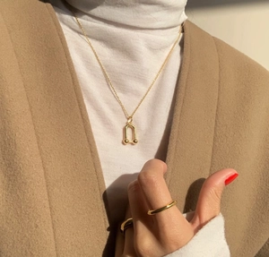 Minimalist gold S925 silver ring and U-shaped horseshoe pendant necklace on a model