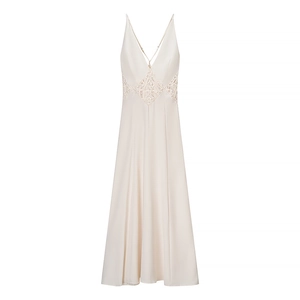 Elegant beige satin maxi dress featuring intricate lace cutout patchwork detailing