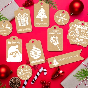 9-piece set of brown Kraft paper Christmas tags with string on a festive red background