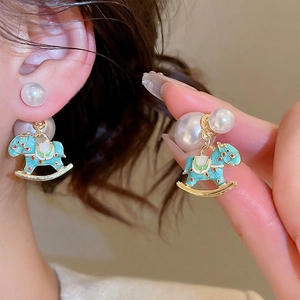 Rocking Horse Stud Earrings With Enamel Drip Oil Faux Artificial Pearl And Silver Earring Post Retro Cute Jewelry For Women