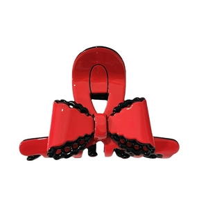 French vintage red bow claw clip with black lace trim in high-quality acetate