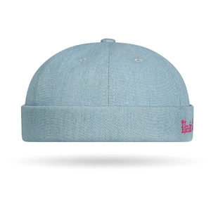 Light blue denim Miki hat with pink Magic embroidery and minimalist brimless design