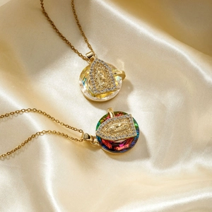 Exquisite gold pendant necklace featuring Virgin Mary relief with white zircon inlay