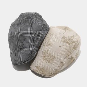 British vintage plaid flat cap with leaf embroidery for men and women street style