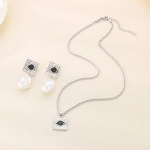French vintage silver evil eye necklace and pearl drop earrings set in stainless steel