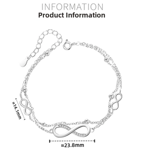 Detail view of S925 silver infinity bracelet showing dimensions 14.1mm by 23.8mm