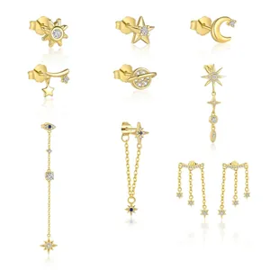 Golden 925 silver celestial earring set featuring sun, moon, and star tassel designs