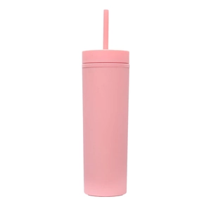 Close-up of pink 16oz frosted double-wall plastic cup with matching straw and matte finish