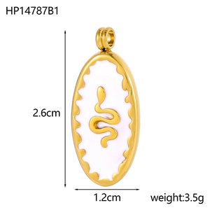 Detailed view of a gold oval snake pendant with white enamel and size dimensions