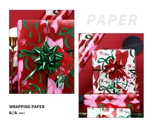 Detail of red and white Christmas wrapping paper with festive bow and floral patterns
