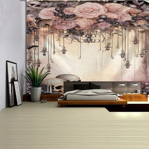 Close-up of a vintage floral tapestry with skulls and roses in a bedroom setting