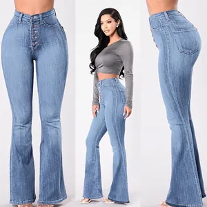 Jean Évasé Femme Taille Haute Denim Extensible Coupe Ajustée Rétro Boutonnière Délavé Pantalon Confortable