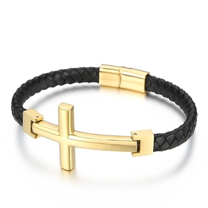 Men's leather cross bracelet with gold stainless steel charm and magnetic clasp