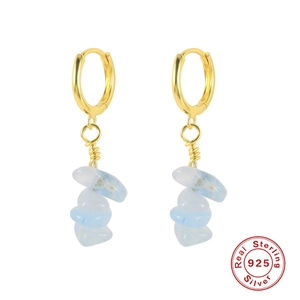 Detailed close-up of S925 sterling silver hoop earrings with irregular blue natural stone