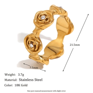 18K gold plated stainless steel open ring featuring detailed rose floral patterns