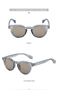 Front and 45-degree side views of oval sunglasses in transparent grey-green frames