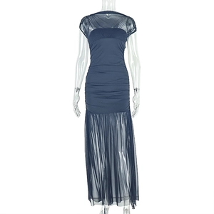 Close-up of deep blue mesh fabric texture and pleated detail on sleeveless maxi dress