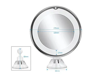 Detailed dimensions of the 10X magnifying LED makeup mirror with suction cup base