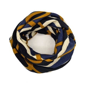 Detail view of multicolored geometric knit neck warmer scarf with a soft fabric texture