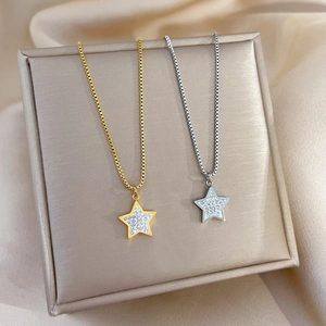 Titanium steel pentagram necklace set in gold and silver finish with sparkling rhinestones