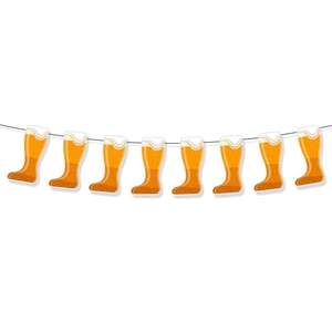 Oktoberfest decoration banner with eight boot-shaped beer mug pennants on a white background
