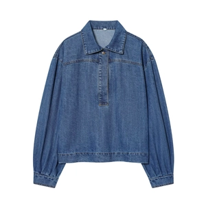 Chemisier En Jean Bleu Foncé Femmes Ample Manches Lanternes Revers Pull Chemise Mode Décontractée