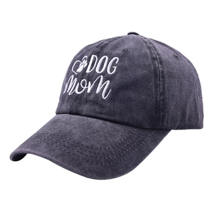 Detail of Dog Mom embroidery and heart paw print on charcoal washed cotton baseball cap