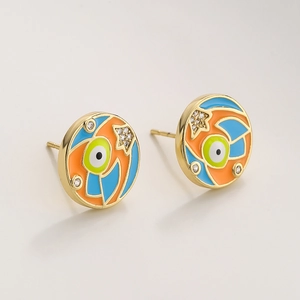Golden enamel stud earrings featuring colorful eye and star motifs with tiny zircons