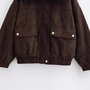 Short brown faux suede jacket for women featuring black fur collar and elastic hem