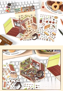 Detail of 2.5D Chocolate Workshop stickers with furniture and characters for DIY journals