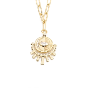 Hip hop gold plated necklace featuring sun moon evil eye pendant with micro paved zircons