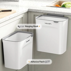 Wall-mounted kitchen trash can with lid for cabinets, supports hanging and adhesive modes