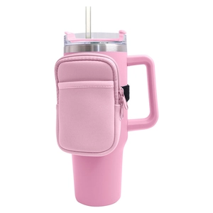 Pink neoprene zipper pouch for 40oz tumbler featuring extra storage pocket and soft texture