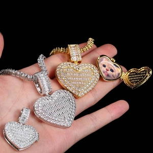 Hip hop heart photo locket necklace with sparkling zircon and silver or gold tennis chains