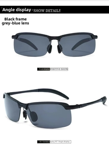 Detail of semi-rimless polarized sunglasses with photochromic lenses in black frame