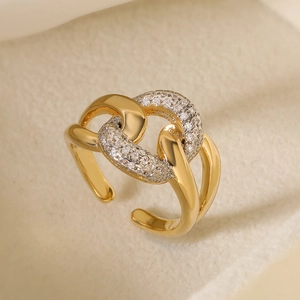 Two-tone geometric chain link open ring with pavé zircons on premium velvet