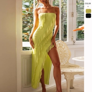 Robe Maxi Sexy Dos Nu À Bretelles Spaghetti Été À Volants Fente Haute Élégante En Polyester Robe De Soirée Pour Femmes