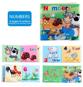 Detail showing 4 pages 8 surfaces of baby fabric book with numbers and animal patterns