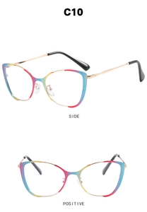 Macro detail of rainbow gradient cat eye glasses frame with slim golden metal temples